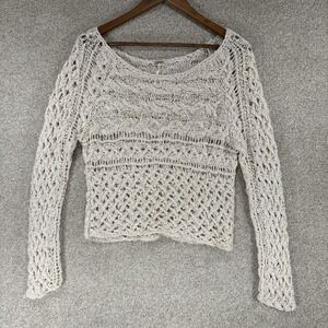 FREE PEOPLE Cream Netted Sweater S Knit Pull Over Boho Granola Summer *stain*